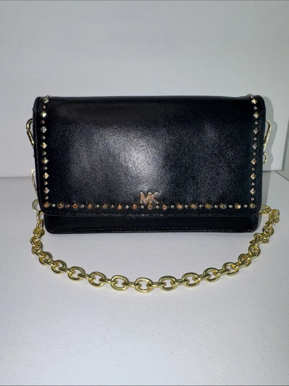 Michael Kors Black Studded Leather Phone Crossbody Wallet Bag—Shoulder Chain
